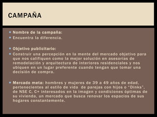 Nombre de la campaña:
 Encuentra la diferencia.
 Objetivo publicitario:
 Construir una percepción en la mente del mercado objetivo para
que nos califiquen como la mejor solución en asesorías de
remodelación y arquitectura de interiores residenciales y nos
ubiquen en un lugar preferente cuando tengan que tomar una
decisión de compra.
 Mercado meta: hombres y mujeres de 39 a 49 años de edad,
pertenecientes al estilo de vida de parejas con hijos o “Dinks”,
de NSE C, C+ interesados en la imagen y condiciones óptimas de
su vivienda, un mercado que busca renovar los espacios de sus
hogares constantemente.
CAMPAÑA
 