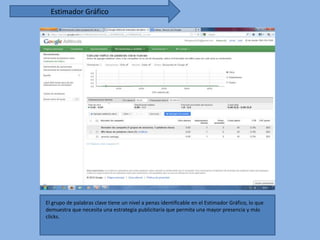 Estimador Gráfico




El grupo de palabras clave tiene un nivel a penas identificable en el Estimador Gráfico, lo que
demuestra que necesita una estrategia publicitaria que permita una mayor presencia y más
clicks.
 