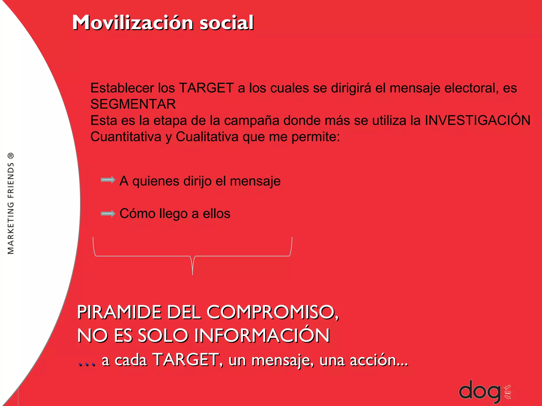 Movilización social
Establecer los TARGET a los cuales se dirigirá el mensaje electoral, es
SEGMENTAR
Esta es la etapa de la campaña donde más se utiliza la INVESTIGACIÓN
Cuantitativa y Cualitativa que me permite:
A quienes dirijo el mensaje

Ppppp

Cómo llego a ellos

PIRAMIDE DEL COMPROMISO,
NO ES SOLO INFORMACIÓN
… a cada TARGET, un mensaje, una acción...

 