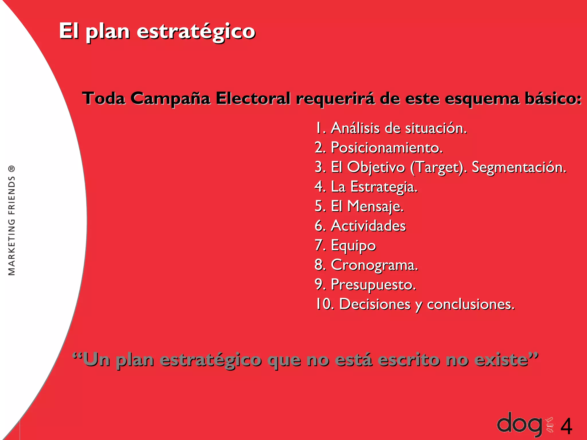 El plan estratégico
Toda Campaña Electoral requerirá de este esquema básico:
1. Análisis de situación.
2. Posicionamiento.
3. El Objetivo (Target). Segmentación.
4. La Estrategia.
5. El Mensaje.
6. Actividades
7. Equipo
8. Cronograma.
9. Presupuesto.
10. Decisiones y conclusiones.

“Un plan estratégico que no está escrito no existe”

4

 