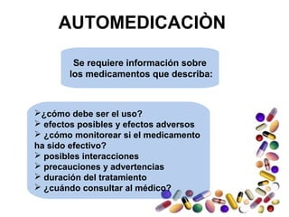 ¿cómo debe ser el uso?
 efectos posibles y efectos adversos
 ¿cómo monitorear si el medicamento
ha sido efectivo?
 posibles interacciones
 precauciones y advertencias
 duración del tratamiento
 ¿cuándo consultar al médico?
Se requiere información sobre
los medicamentos que describa:
AUTOMEDICACIÒN
 