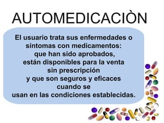 El usuario trata sus enfermedades o
síntomas con medicamentos:
que han sido aprobados,
están disponibles para la venta
sin prescripción
y que son seguros y eficaces
cuando se
usan en las condiciones establecidas.
AUTOMEDICACIÒN
 