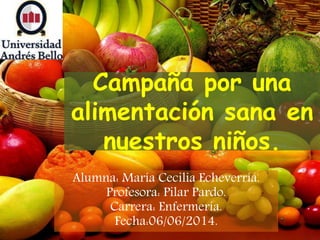 Campaña por una
alimentación sana en
nuestros niños.
Alumna: María Cecilia Echeverría.
Profesora: Pilar Pardo.
Carrera: Enfermería.
Fecha:06/06/2014.
 