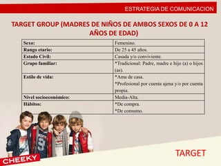 ESTRATEGIA DE COMUNICACION
TARGET
TARGET GROUP (MADRES DE NIÑOS DE AMBOS SEXOS DE 0 A 12
AÑOS DE EDAD)
Sexo: Femenino.
Rango etario: De 25 a 45 años.
Estado Civil: Casada y/o conviviente.
Grupo familiar: *Tradicional: Padre, madre e hijo (a) o hijos
(as).
Estilo de vida: *Ama de casa.
*Profesional por cuenta ajena y/o por cuenta
propia.
Nivel socioeconómico: Media-Alta.
Hábitos: *De compra.
*De consumo.
 