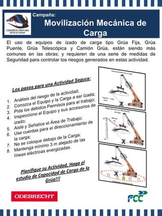 Campaña:
                Movilización Mecánica de
                          Carga
El uso de equipos de izado de carga tipo Grúa Fija, Grúa
Puente, Grúa Telescópica y Camión Grúa, están siendo más
comunes en las obras; y requieren de una serie de medidas de
Seguridad para controlar los riesgos generados en estas actividad.
 