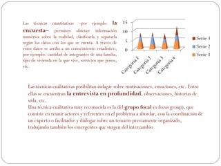 Las técnicas cuantitativas –por ejemplo: la
encuesta– permiten obtener información
numérica sobre la realidad, clasificarla y separarla
según los datos con los que se cuenta. A través de
estos datos se arriba a un conocimiento estadístico,
por ejemplo: cantidad de integrantes de una familia,
tipo de vivienda en la que vive, servicios que posee,
etc.
Las técnicas cualitativas posibilitan indagar sobre motivaciones, emociones, etc. Entre
ellas se encuentran la entrevista en profundidad, observaciones, historias de
vida, etc.
Una técnica cualitativa muy reconocida es la del grupo focal (o focus group), que
consiste en reunir actores y referentes en el problema a abordar, con la coordinación de
un experto o facilitador y dialogar sobre un temario previamente organizado,
trabajando también los emergentes que surgen del intercambio
 