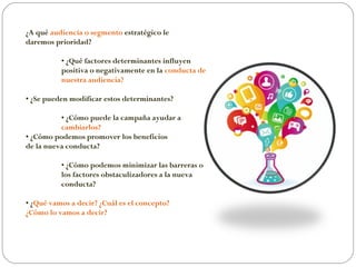 ¿A qué audiencia o segmento estratégico le
daremos prioridad?
• ¿Qué factores determinantes influyen
positiva o negativamente en la conducta de
nuestra audiencia?
• ¿Se pueden modificar estos determinantes?
• ¿Cómo puede la campaña ayudar a
cambiarlos?
• ¿Cómo podemos promover los beneficios
de la nueva conducta?
• ¿Cómo podemos minimizar las barreras o
los factores obstaculizadores a la nueva
conducta?
• ¿Qué vamos a decir? ¿Cuál es el concepto?
¿Cómo lo vamos a decir?
 