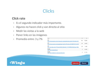 Clicks
Click rate
• Es el segundo indicador más importante.
• Algunos no hacen click y van directo al sitio
• Medir las visitas a la web
• Poner links en las imágenes
• Promedio entre: 3 y 7%
 