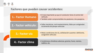 • El más importante ya que el conductor tiene el control del
vehículo.
• También están comprometidos los peatones y los pasajeros.
1.- Factor Humano
• Fallas mecánicas, mal mantenimiento, fallas por antigüedad ,
incremento de parque vehicular.
2.- Factor vehículo:
• Malas condiciones de vía, señalización ausente o deficiente,
congestión vehicular.
3.- Factor vía
• Condiciones climáticas adversas, granizo, lluvia, vientos,
neblina. etc.
4.- Factor clima
Factores que pueden causar accidentes:
 