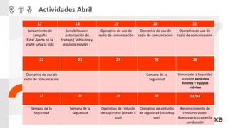 17 18 19 20 21
Lanzamiento de
campaña
Estar Alerta en la
Vía te salva la vida
Sensibilización
Autorización de
trabajo ( Vehículos y
equipos móviles )
Operativo de uso de
radio de comunicación
Operativo de uso de
radio de comunicación
Operativo de uso de
radio de comunicación
22 23 24 25 26
Operativo de uso de
radio de comunicación
Semana de la
Seguridad
Semana de la Seguridad
Stand de Vehículos
livianos y equipos
móviles
27 28 29 30 02/03
Semana de la
Seguridad
Semana de la
Seguridad
Operativo de cinturón
de seguridad (estado y
uso)
Operativo de cinturón
de seguridad (estado y
uso)
Reconocimiento de
concurso video:
Buenas prácticas en la
conducción
Actividades Abril
 