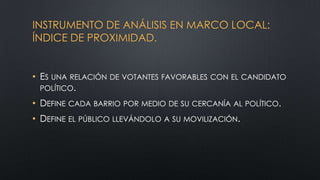 INSTRUMENTO DE ANÁLISIS EN MARCO LOCAL:
ÍNDICE DE PROXIMIDAD.
• ES UNA RELACIÓN DE VOTANTES FAVORABLES CON EL CANDIDATO
POLÍTICO.
• DEFINE CADA BARRIO POR MEDIO DE SU CERCANÍA AL POLÍTICO.
• DEFINE EL PÚBLICO LLEVÁNDOLO A SU MOVILIZACIÓN.
 