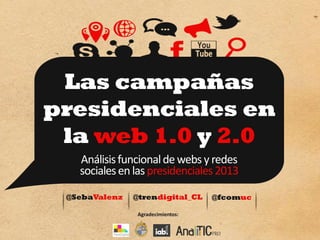 Las campañas
presidenciales en
la web 1.0 y 2.0
Análisis funcional de webs y redes
sociales en las presidenciales 2013
@SebaValenz

@trendigital_CL
Agradecimientos:

@fcomuc

 