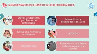 CONSECUENCIAS DE USO EXCESIVO DE CELULAR EN ADOLESCENTES
Déficit de atención,
problemas de
aprendizaje
Limita el rendimiento
académico,
Sedentarismo
Alteraciones y
dificultades del sueño
Adicción
Exposición a contenido,
violento, agresivo y
sexual
 