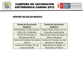 CAMPAÑA DE VACUNACION
 ANTIRRABICA CANINA 2012


CENTRO DE SALUD MEXICO



    Puesto de Vacunación           Puesto de Vacunación
           29/09/12                      30/09/12
 EESS México, Jr. Diez Canseco Parque Túpac Amarú, Av. Los
     3613, Urb. Condevilla        Proceres y José Granda
    Frontis de Vivienda, Jr.   Parque San Pedro de Copas, Jr.
      Pacasmayo Cda 40               Palma y Marquez
Frontis de Vivienda, Paz soldan Frontis de Vivienda, Av. José
            Cda 01                  Granda y Jr. Bernales
  Frontis de Vivienda, Av. Los   Mercado Cesar Vallejo, Jr.
        proceres Cda 03             Bermúdez y El Olivar
 