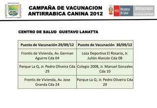 CAMPAÑA DE VACUNACION
     ANTIRRABICA CANINA 2012


CENTRO DE SALUD GUSTAVO LANATTA


Puesto de Vacunación 29/09/12 Puesto de Vacunación 30/09/12

 Frontis de Vivienda, Av. German      Loza Deportiva El Rosario, Jr.
          Aguirre Cda 04                 Julián Alarcón Cda 08

Parque La Q, Jr. Pedro Oliveira Cda Colegio 2008, Jr. Manuel Gonzales
                 29                              Cda 10

   Frontis de Vivienda, Av. Jose   Parque La Q, Jr. Pedro Oliveira Cda
          Granda Cda 24                             29
 