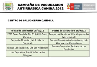 CAMPAÑA DE VACUNACION
         ANTIRRABICA CANINA 2012


CENTRO DE SALUD CERRO CANDELA



   Puesto de Vacunación 29/09/12            Puesto de Vacunación 30/09/12
EESS Cerro Candela, Mz B1 AAHH Cerro Parque Las Banderas, Urb. Virgen de las
               Candela                                Merecedes II
   Parque La Floresta I, Mz F Urb. La     Parque Girasoles de chuquitanta, Urb.
               Floresta I                       Girasoles de Chuquitanta
                                            Parque Gardenias, Residencial Las
Parque Los Nogales II, Urb Los Nogales II
                                                       Gardenias
  Loza Deportiva, AAHH Señor de los
               Milagros
 