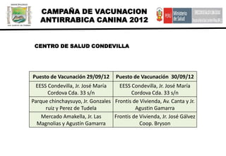 CAMPAÑA DE VACUNACION
   ANTIRRABICA CANINA 2012


 CENTRO DE SALUD CONDEVILLA




Puesto de Vacunación 29/09/12       Puesto de Vacunación 30/09/12
  EESS Condevilla, Jr. José María   EESS Condevilla, Jr. José María
       Cordova Cda. 33 s/n               Cordova Cda. 33 s/n
Parque chinchaysuyo, Jr. Gonzales Frontis de Vivienda, Av. Canta y Jr.
      ruiz y Perez de Tudela               Agustin Gamarra
    Mercado Amakella, Jr. Las     Frontis de Vivienda, Jr. José Gálvez
  Magnolias y Agustín Gamarra                Coop. Bryson
 