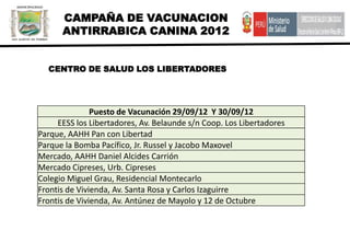 CAMPAÑA DE VACUNACION
      ANTIRRABICA CANINA 2012


  CENTRO DE SALUD LOS LIBERTADORES




               Puesto de Vacunación 29/09/12 Y 30/09/12
     EESS los Libertadores, Av. Belaunde s/n Coop. Los Libertadores
Parque, AAHH Pan con Libertad
Parque la Bomba Pacífico, Jr. Russel y Jacobo Maxovel
Mercado, AAHH Daniel Alcides Carrión
Mercado Cipreses, Urb. Cipreses
Colegio Miguel Grau, Residencial Montecarlo
Frontis de Vivienda, Av. Santa Rosa y Carlos Izaguirre
Frontis de Vivienda, Av. Antúnez de Mayolo y 12 de Octubre
 