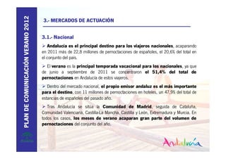 PLAN DE COMUNICACIÓN VERANO 2012
                                   3.- MERCADOS DE ACTUACIÓN


                                   3.1.- Nacional
                                      Andalucía es el principal destino para los viajeros nacionales, acaparando
                                   en 2011 más de 22,8 millones de pernoctaciones de españoles, el 20,6% del total en
                                   el conjunto del país.
                                     El verano es la principal temporada vacacional para los nacionales, ya que
                                   de junio a septiembre de 2011 se concentraron el 51,4% del total de
                                   pernoctaciones en Andalucía de estos viajeros.
                                      Dentro del mercado nacional, el propio emisor andaluz es el más importante
                                   para el destino, con 11 millones de pernoctaciones en hoteles, un 47,9% del total de
                                   estancias de españoles del pasado año.
                                      Tras Andalucía se sitúa la Comunidad de Madrid, seguida de Cataluña,
                                   Comunidad Valenciana, Castilla-La Mancha, Castilla y León, Extremadura y Murcia. En
                                   todos los casos, los meses de verano acaparan gran parte del volumen de
                                   pernoctaciones del conjunto del año.
 
