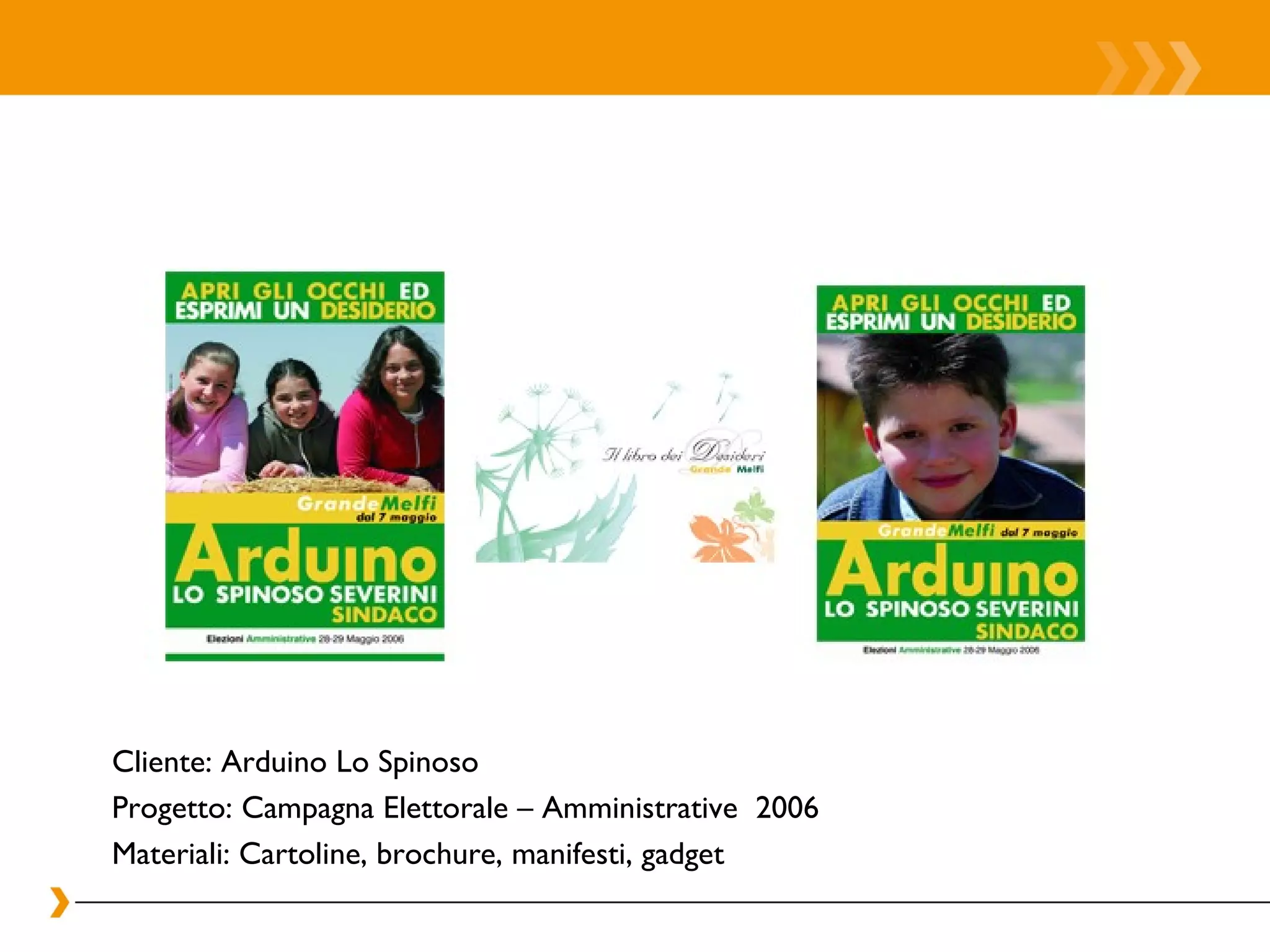 Cliente: Arduino Lo Spinoso Progetto: Campagna Elettorale – Amministrative  2006 Materiali: Cartoline, brochure, manifesti, gadget 