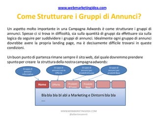 www.webmarketingidea.com

      Come Strutturare i Gruppi di Annunci?
Un aspetto molto importante in una Campagna Adwords è come strutturare i gruppi di
annunci. Spesso ci si trova in difficoltà, sia sulla quantità di gruppi da effettuare sia sulla
logica da seguire per suddividere i gruppi di annunci. Idealmente ogni gruppo di annunci
dovrebbe avere la propria landing page, ma è decisamente difficile trovarsi in queste
condizioni.

Un buon punto di partenza rimane sempre il sito web, dal quale dovremmo prendere
spunto per creare la struttura della nostra campagna adwords:
                                  Gruppo di                    Gruppo di          Gruppo di
           Gruppo di
                                annunci con le                annunci per        annunci per
            annunci
                                   Offerte                  prodotti di Lusso   prodotti Base
          Informativo



                        Home    Offerte          Prodotti        Prodotti
                                                 di lusso          Base


                         Bla bla bla bl abl a Marketing e Dintorni bla bla
                         ….

                                          WWW.WEBMARKETINGIDEA.COM
                                               @albertonarenti
 