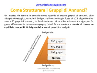 www.webmarketingidea.com

      Come Strutturare i Gruppi di Annunci?
Un aspetto da tenere in considerazione quando si creano gruppi di annunci, oltre
all’aspetto strategico, è anche il budget. Se il vostro Budget fosse di 10 € al giorno e voi
aveste 20 gruppi di annunci, probabilmente non ci sarebbe abbastanza budget per far
girare efficacemente la vostra campagna, quindi fate attenzione e cercate di trovare un
equilibrio tra specificità dei gruppi di annunci, quantità e budget .

                                      Budget Min


                                                N+3 gruppi

                                                N+2 gruppi

                                                N+1 gruppi

                                                 N gruppi

                                      Budget Max
                                  WWW.WEBMARKETINGIDEA.COM
                                       @albertonarenti
 
