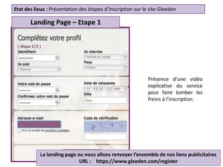 Landing Page – Etape 1
Etat des lieux : Présentation des étapes d’inscription sur le site Gleeden
La landing page ou nous allons renvoyer l’ensemble de nos liens publicitaires
URL : https://www.gleeden.com/register
Présence d’une vidéo
explicative du service
pour faire tomber les
freins à l’inscription.
 