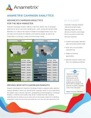 Anametrix Campaign Analytics
Advanced Campaign Analytics
for the New Marketer

At a Glance
Anametrix Campaign Analytics

Anametrix Campaign Analytics delivers a real-time, holistic view of campaign

unlocks the power of data,

performance across the entire marketing mix – paid, owned and earned media.

delivering insights into what

Marketers can measure the impact of traditional and digital media “buys” and

attracts consumers, encourages

company-owned assets like websites and Facebook pages, as well as the

them to buy and converts them

relationship to social buzz, virality and other earned media.

into loyal customers.
•	 Combine and analyze data from
paid, owned and earned media
•	 Know how, why and where
customers buy
•	 Target new revenue
opportunities
•	 Optimize customer metrics and
return on marketing investment

Driving ROMI with Campaign Insights
Superior knowledge from Anametrix Campaign Analytics supports better decisionmaking. Marketers need to go beyond basic campaign metrics to truly understand
the highest-value customer segments, geographies and demographics. Campaign
Analytics combines and analyzes data across multiple channels, breaking
marketing silos to produce an accurate view of how buyers respond to marketing
campaigns. Learn not just what consumers do, but how, why and where they buy.

“Anametrix lets users
compare campaign
effectiveness across
channels, in real time,
enabling quick decisions
about which campaigns and
channels should be allocated
more or less resources.”
Marisa Peacock, CMS Wire

 