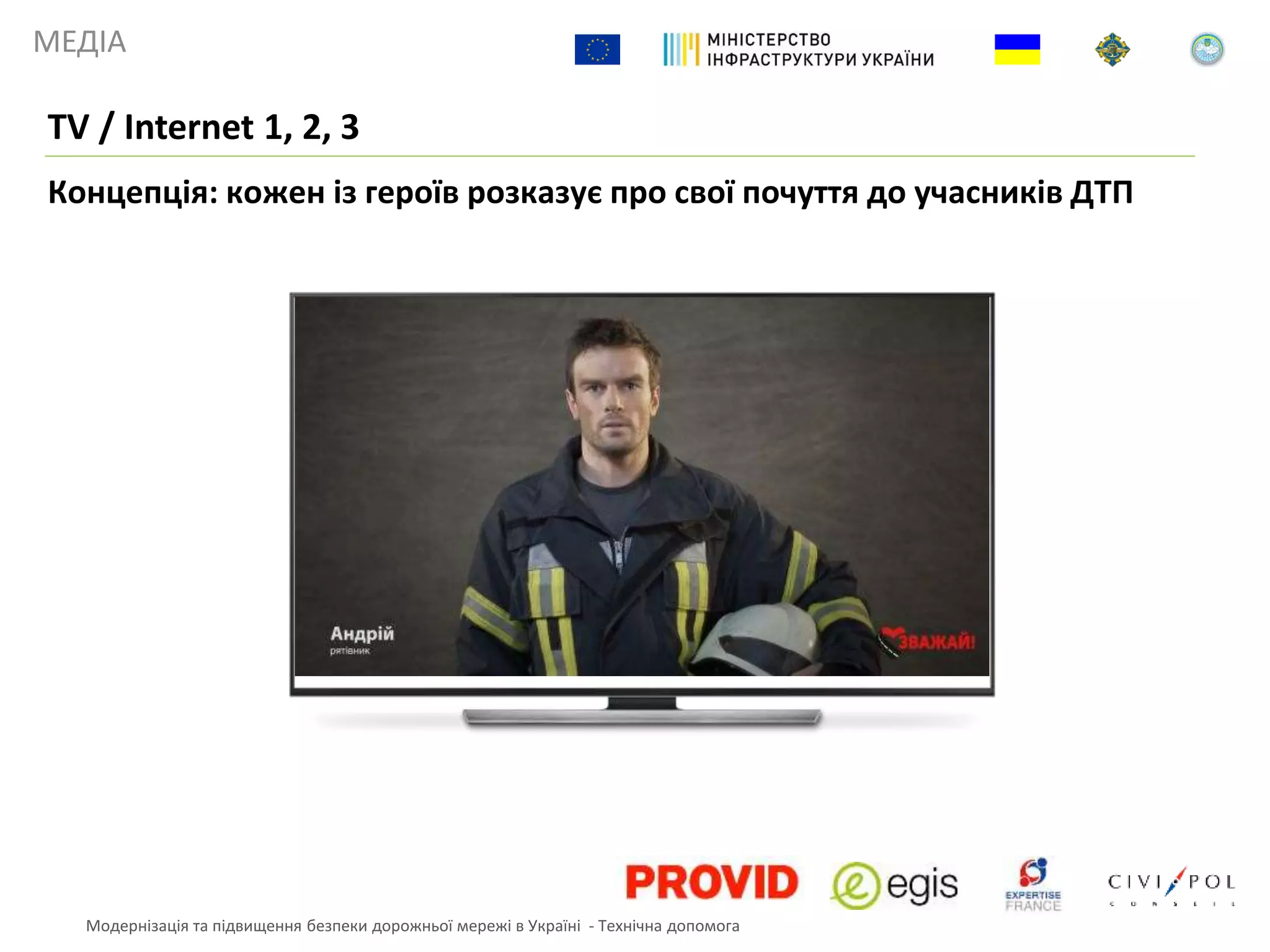 МЕДІА
Концепція: кожен із героїв розказує про свої почуття до учасників ДТП
TV / Internet 1, 2, 3
Модернізація та підвищення безпеки дорожньої мережі в Україні - Технічна допомога
 