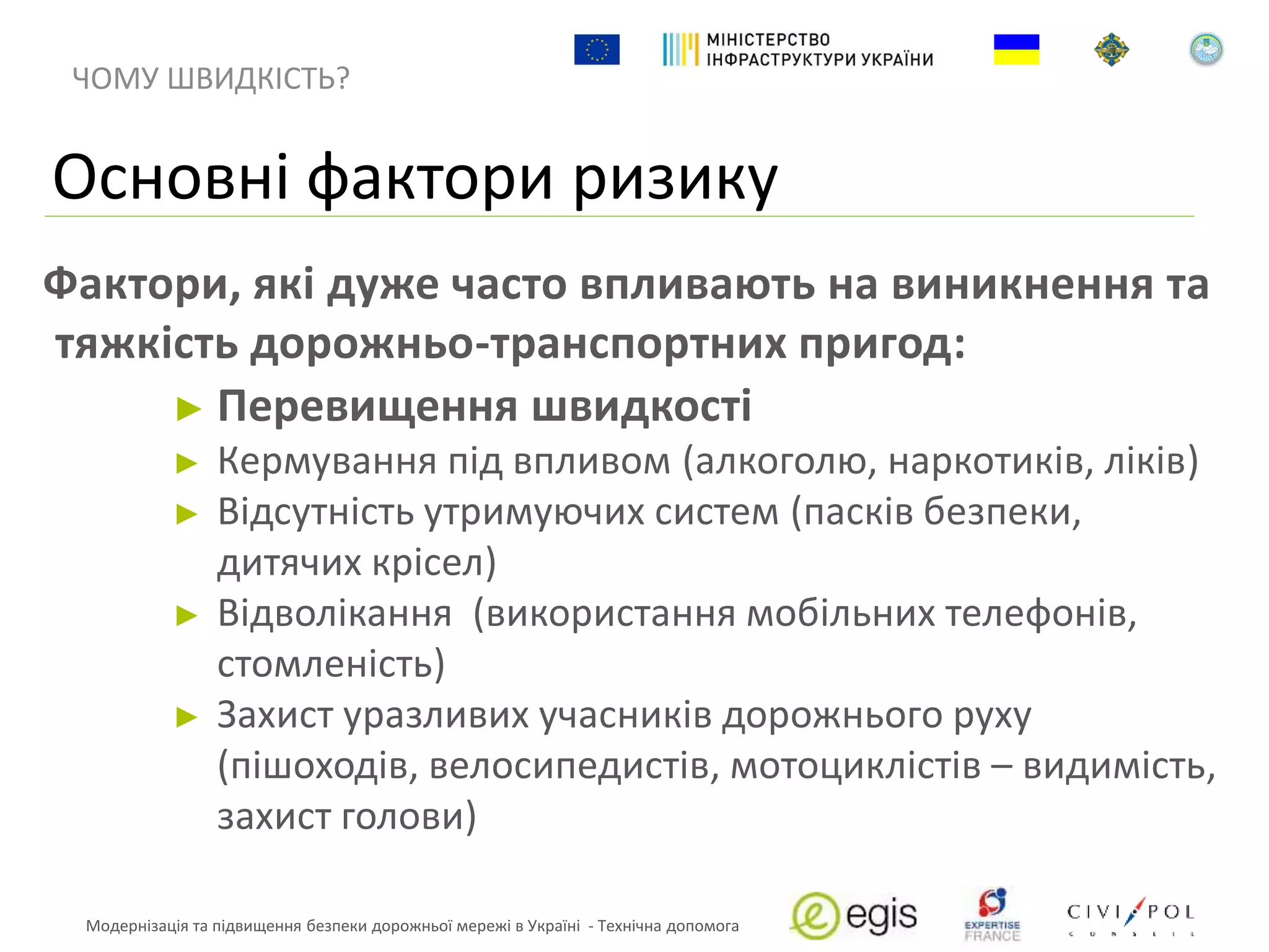 Фактори, які дуже часто впливають на виникнення та
тяжкість дорожньо-транспортних пригод:
► Перевищення швидкості
► Кермування під впливом (алкоголю, наркотиків, ліків)
► Відсутність утримуючих систем (пасків безпеки,
дитячих крісел)
► Відволікання (використання мобільних телефонів,
стомленість)
► Захист уразливих учасників дорожнього руху
(пішоходів, велосипедистів, мотоциклістів – видимість,
захист голови)
Основні фактори ризику
ЧОМУ ШВИДКІСТЬ?
Модернізація та підвищення безпеки дорожньої мережі в Україні - Технічна допомога
 