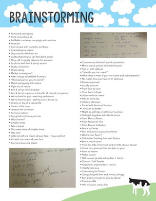 Brainstorming
• Portioned packaging
• Point of purchase ad
• Refillable container campaign with sections
• Food art
• Cornucopia with pumpkin pie flavor
• Cow eating ice cream
• Stop motion with food art
• Guilty pleasure you can feel good about
• They call it a guilty pleasure for a reason
• To-do list with Ben & Jerry’s at end
• Study companion
• Stress eating
• Market to everyone?
• After kids go to bed Ben & Jerry’s
• “The best part of your to-do list”
• Match packaging with nature
• Right out of nature
• Ben & Jerry’s in bike basket
• Ben & Jerry’s is your eco-friendly, all natural companion
• We’re there for you – watching sad movie
• We’re there for you – getting over a break up
• Cherry on top of a natural life
• Cream of the crop
• I scream for ice cream
• So many options
• Too good to choose just one
• Why choose?
• Simpler times
• Take a break
• The sweet taste of simpler times
• Stay cool
• Little kid with ice cream all over face – “Stay cool kid”
• Kid with ice cream all over face
• Everyone loves ice cream
• Cone versus dish (with social promotion)
• Mimic donut picture from trend board
• Pop art with callouts
• “How do you ice cream?”
• What does it mean if you are a cone and a dish person?
• No matter how you have it, it’s delicious
• Bessie approved
• Locally sourced
• From cow to cone
• From barn to bowl
• Udder with ice cream
• Bike to work day
• Udderly delicious
• Co-ad with Vermont Tourism
• “You can do better”
• Might as well stay in with your true love
• Get back together with Ben & Jerry’s
• From Moo to Mmm…
• From Pasture to Pint
• From Bovine to Bucket
• Peace to Pieces
• Ben and Jerry’s as your boyfriend
• What’s your flavor?
• Celebrities holding their own flavors
• Ben +Jerry+ Karen
• From the hills of Vermont to the Chills of your freezer
• Come on a journey from the barn to your
• Farm to freezer
• Parlor to pint
• Old famous people eating Ben + Jerry’s
• Cone vs. Dish People
• Anywhere, anytime Ben + Jerry’s
• Utterly Delicious
• Cow eating Ice Cream
• Cow pulling the Ben and Jerry’s carriage
• Ben and Jerry’s part of your to-do list
• Tinder profile
• Hills in spoon, cone, dish
 