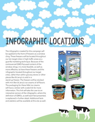 InfoGraphic Locations
The infographic created for this campaign will
be applied to the front of freezers as a window
cling. These freezers will be located throughout
our ten target cities in high-traffic areas as a
guerilla marketing technique. Because of the
controversial GMO-focused content of the
window clings, it is more feasible, as well as
more effective, to have these freezers and the
infographic located throughout our target
cities, rather than within grocery stores or other
places Ben & Jerry’s is sold in a
stand-up freezer. The freezers will be stocked
with mini Ben & Jerry’s ice creams of all flavors.
The packaging for these little ice creams
will have a sticker with a web link for more
information. This link will take the user to an
interactive version of the infographic, where the
definition of GMOs, as well each fact presented,
is explained in further detail. Additional facts
and statistics will be available at this site as well.
 