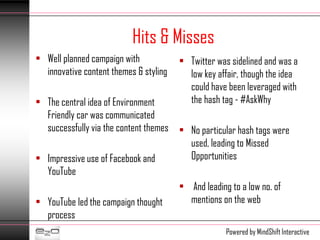 Hits & Misses
• Well planned campaign with            • Twitter was sidelined and was a
  innovative content themes & styling     low key affair, though the idea
                                          could have been leveraged with
• The central idea of Environment         the hash tag - #AskWhy
  Friendly car was communicated
  successfully via the content themes   • No particular hash tags were
                                          used, leading to Missed
• Impressive use of Facebook and          Opportunities
  YouTube
                                        • And leading to a low no. of
• YouTube led the campaign thought        mentions on the web
  process
                                                     Powered by MindShift Interactive
 
