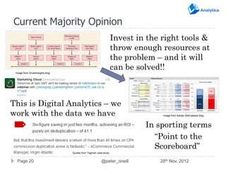 Current Majority Opinion
                                                                 Invest in the right tools &
                                                                 throw enough resources at
                                                                 the problem – and it will
                                                                 can be solved!!
 Image from SmartInsights blog




This is Digital Analytics – we
work with the data we have                                                     Image from Adobe SiteCatalyst blog



                                                                          In sporting terms
                                                                            “Point to the
                                                                            Scoreboard”
                                 Quotes from Tagman case study


  Page 20                                              @peter_oneill          28th Nov, 2012
 