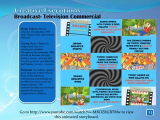 Broadcast- Television Commercial
  Media Vehicles Disney
  Channel, Nickelodeon, PBS
  Kids, Warner Bros and Cartoon
  Network

  Timing Phase I- Begins in
  August and runs on a
  continuous schedule
  throughout the campaign. This
  ad will air Monday through
  Friday 7:00 am - 9:00 am and
  2:00 pm-4:00 pm, and Saturday
  and Sunday 7:00 am - 2:00 pm.

  Rationale As children spend a
  good majority of their time in
  front of the television,
  entertaining commercials are
  an effective way to reach our
  target audience. The
  commercial takes an emotional
  appeal enhancing the
  imagination in children.




  Go to http://www.youtube.com/watch?v=-MBOZRGBTMw to view   11
                     this animated storyboard.
 