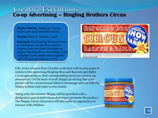 Co-op Advertising – Ringling Brothers Circus

 Media Vehicles Skippy Jar, Online
 banner ads, and peanutbutter.com.
 Timing Phase II- October - June
 Rationale The Ringling Brothers Circus
 is well known and travels across the
 country every year from December to
 August. Because of our new Skippy Circus
 campaign it only made sense to partner
 with “the greatest show on earth!”


Fifty lucky winners from October until June will receive a pair of
tickets to the upcoming Ringling Bros and Barnum and Bailey
Circus appearing in their corresponding towns as winners are
announced. On the back of each Skippy jar during this time
period will be a promotional label to encourage users to visit the
Skippy website and enter to win tickets.

Along with the contest, Skippy will be provided with a
designated area at each circus showing to promote the product.
The Skippy Circus characters will also make an appearance to
interact with children.

                                                                     16
 