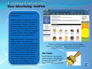 Buzz Advertising- NeoPets

  Media Vehicles Partnering with
  Neopets.com

  Timing Begins in July and runs on
  a continuous schedule throughout
  the campaign. Neopets will start
  during summer when children are
  out of school and have the time to
  play the game. It will be an ongoing
  strategy because of it's simplicity
  and easiness to be maintained.

  Rational NeoPets, with almost 180
  million users, is an extremely
  popular kid's social networking site           Children will have the option to feed their pets Skippy
  with a fun twist where kids interact        pizzas, have them sleep in Skippy beds, and even have their
  through their personalized pets. In                 neopet be an actual Skippy circus character!
  this website we find that there are
  options for product placement in
  the current peanut butter items,
                                         The Facts:
  now Skippy peanut butter items.        Total Owners: 179,355,296
  There is the ability for children to   Total Neopets: 263,508,926
  create their own Skippy circus         Neopets per Owner: 1.469
  characters and play Skippy games.      Pagev iews: 887,042,100,000
                                                                                                            18
 