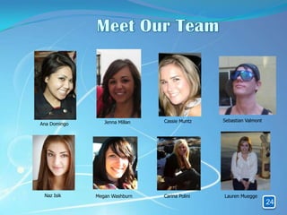 Jenna Millan   Cassie Muntz    Sebastian Valmont
Ana Domingo




 Naz Isik     Megan Washburn    Carina Polini   Lauren Muegge
                                                                    24
 