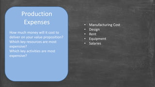 Production 
Expenses • Manufacturing Cost 
How much money will it cost to 
deliver on your value proposition? 
Which key resources are most 
expensive? 
Which key activities are most 
expensive? 
• Design 
• Rent 
• Equipment 
• Salaries 
 