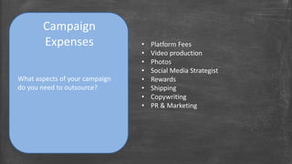 Campaign 
Expenses • Platform Fees 
What aspects of your campaign 
do you need to outsource? 
• Video production 
• Photos 
• Social Media Strategist 
• Rewards 
• Shipping 
• Copywriting 
• PR & Marketing 
 