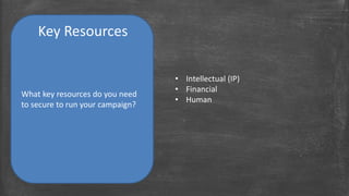 Key Resources 
What key resources do you need 
to secure to run your campaign? 
• Intellectual (IP) 
• Financial 
• Human 
 