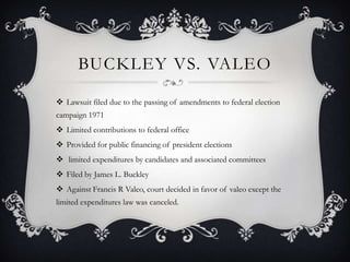 BUCKLEY VS. VALEO

? Lawsuit filed due to the passing of amendments to federal election
campaign 1971
? Limited contributions to federal office
? Provided for public financing of president elections
? limited expenditures by candidates and associated committees
? Filed by James L. Buckley
? Against Francis R Valeo, court decided in favor of valeo except the
limited expenditures law was canceled.
 