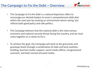 FixtheDebt.org
The Campaign to Fix the Debt – Overview
• The Campaign to Fix the Debt is a national bipartisan effort to
encourage our elected leaders to enact a comprehensive debt deal
within the next year by creating an environment where voting ‘yes’
reflects both good policy and safe politics.
• The Campaign believes that the national debt is the most serious
economic and national security threat facing this country, and we must
come together as a nation to fix it.
• To achieve this goal, the Campaign will work at the grassroots and
grasstops levels through a combination of state and local coalition
building, business leader support, social media efforts, Congressional
outreach, and both earned and paid media.
9
 