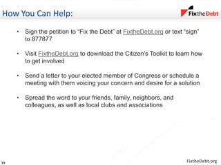 FixtheDebt.org
How You Can Help:
19
• Sign the petition to “Fix the Debt” at FixtheDebt.org or text “sign”
to 877877
• Visit FixtheDebt.org to download the Citizen's Toolkit to learn how
to get involved
• Send a letter to your elected member of Congress or schedule a
meeting with them voicing your concern and desire for a solution
• Spread the word to your friends, family, neighbors, and
colleagues, as well as local clubs and associations
 