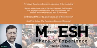"In today’s Experience Economy, experience IS the marketing!
Market researchers must understand how well that happens,
how engaged customers are, how long memories last,
whether [these experiences] lead to purchases.
Embracing SOE can be great way to get at these issues."
-Joe Pine, Author, The Experience Economy (@joepine)
Joe Pine
 