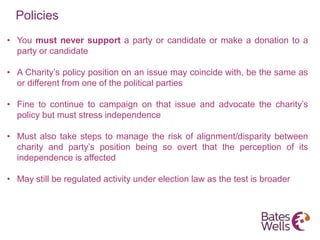 Policies
• You must never support a party or candidate or make a donation to a
party or candidate
• A Charity’s policy pos...