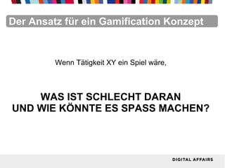 FacebookFacebookFacebookFacebookFacebookFacebookDer Ansatz für ein Gamification Konzept
Wenn Tätigkeit XY ein Spiel wäre,
WAS IST SCHLECHT DARAN
UND WIE KÖNNTE ES SPASS MACHEN?
 