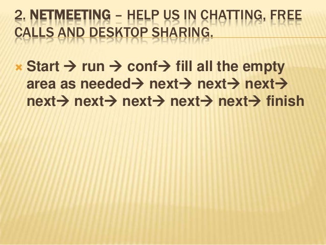 how to disable netmeeting remote desktop sharing The remote desktop sharing feature is compliant with the t120 for remote sessions to run smoothly, consider disabling netmeeting's audio. how to disable netmeeting remote desktop sharing The remote desktop sharing feature is compliant with the t120 for remote sessions to run smoothly, consider disabling netmeeting's audio.