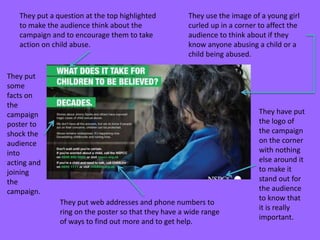 They put a question at the top highlighted
to make the audience think about the
campaign and to encourage them to take
action on child abuse.

They use the image of a young girl
curled up in a corner to affect the
audience to think about if they
know anyone abusing a child or a
child being abused.

They put
some
facts on
the
campaign
poster to
shock the
audience
into
acting and
joining
the
campaign.
They put web addresses and phone numbers to
ring on the poster so that they have a wide range
of ways to find out more and to get help.

They have put
the logo of
the campaign
on the corner
with nothing
else around it
to make it
stand out for
the audience
to know that
it is really
important.

 