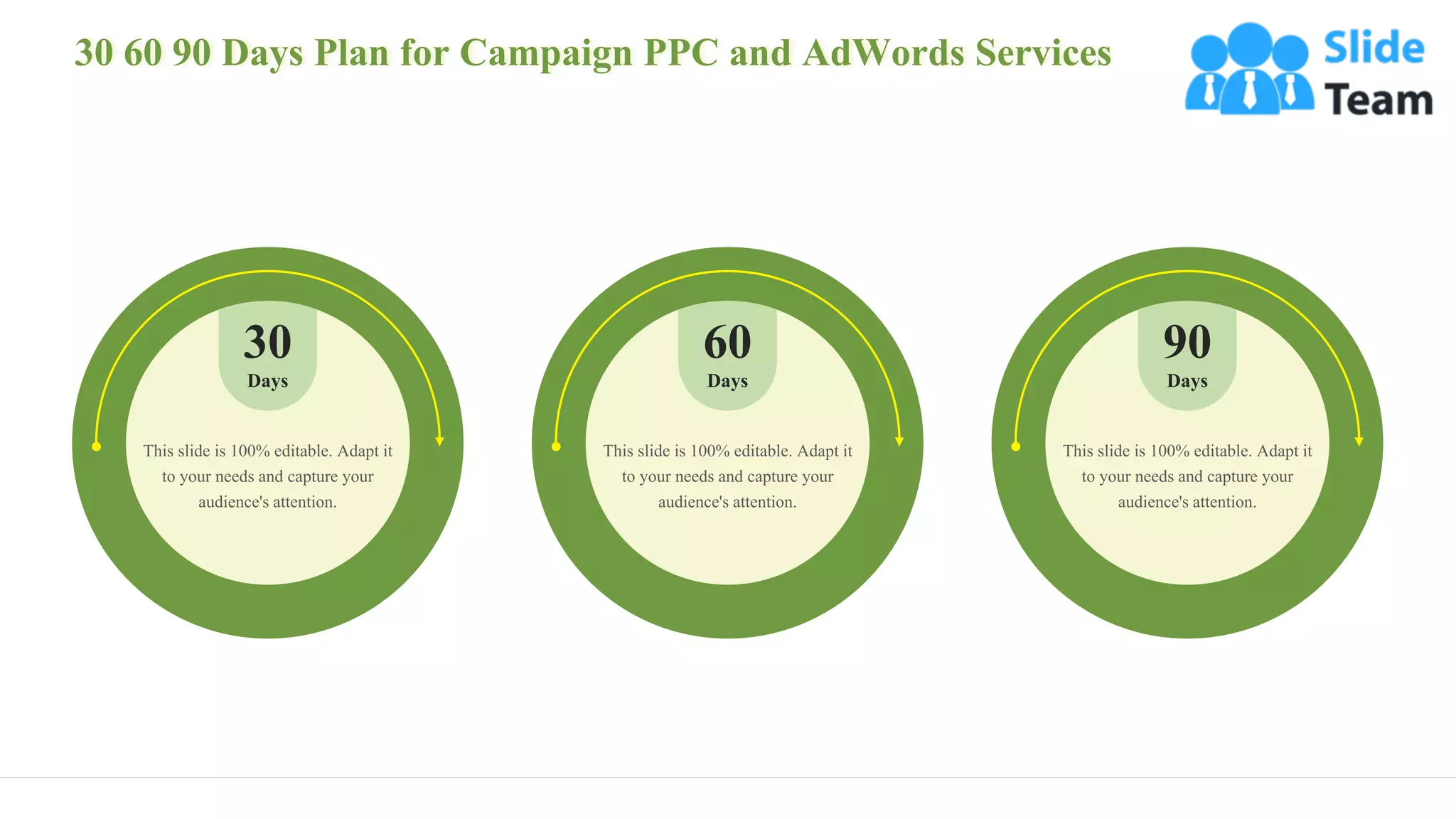 30 60 90 Days Plan for Campaign PPC and AdWords Services
32
30Days
This slide is 100% editable. Adapt it
to your needs and capture your
audience's attention.
60Days
This slide is 100% editable. Adapt it
to your needs and capture your
audience's attention.
90Days
This slide is 100% editable. Adapt it
to your needs and capture your
audience's attention.
 